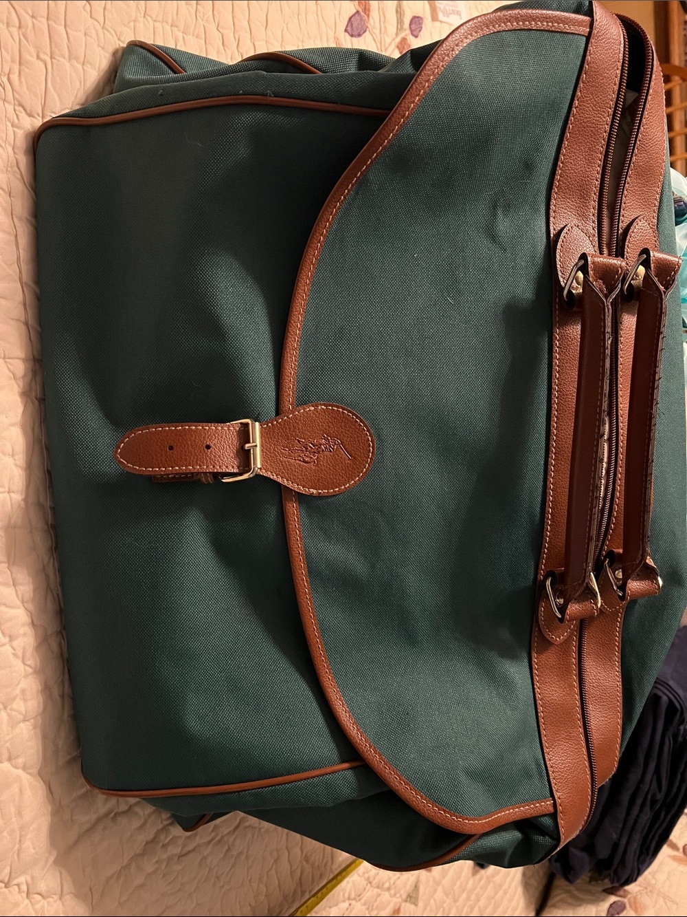 Iconic Ralph Lauren Green Duffel Bag with Brown Leather Trim